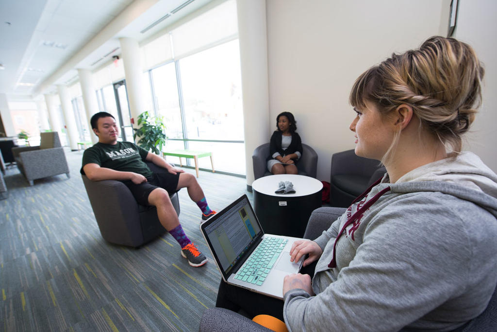 Mason residence halls feature spacious lounge areas where campers or conference attendees can gather to relax or discuss work.